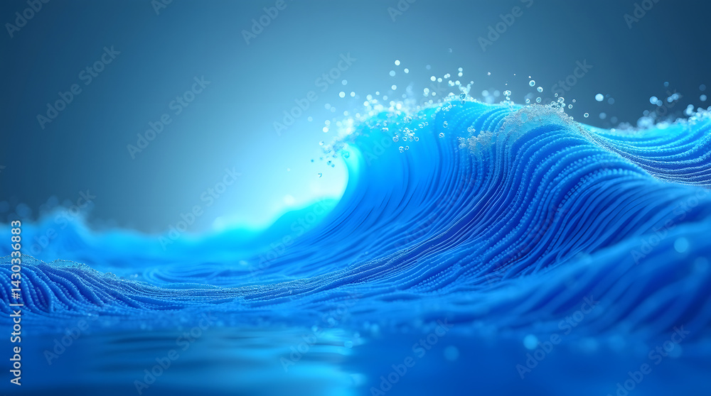 Poster a mesmerizing blue wave with sparkling water droplets against a tranquil backdrop, creating a serene