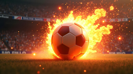 A fiery soccer ball explodes as it strikes the ground, emanating flames and energy in an electrifying stadium atmosphere.