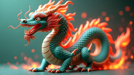 Obraz premium A colorful dragon figurine with vibrant orange and teal scales, emanating fiery energy amidst a mystical background.
