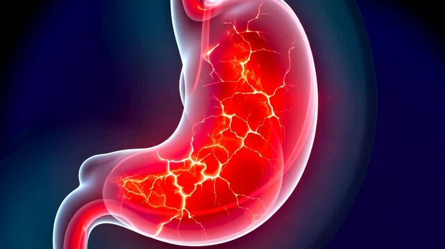 Stomach pain, abdominal discomfort, gastric ulcer. Digestive health. Muscles contract causing severe pain. Stomach lining degrades acidic balance. Gastrointestinal health aids in food digestion.