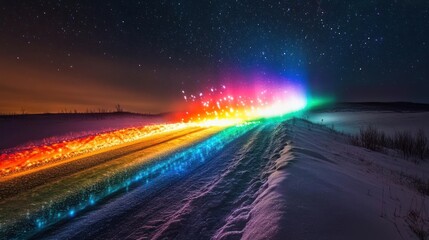 Fototapeta premium Rainbow Road to the Stars: A Nighttime Winter Wonderland