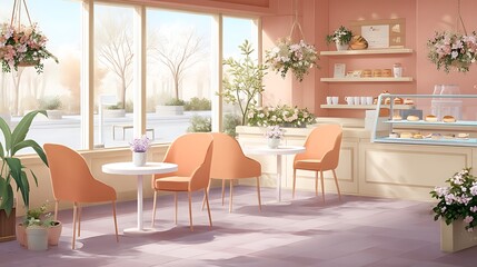 Cozy and Bright Café Interior with Natural Light and Stylish Furniture, Ideal for Dining or Relaxing