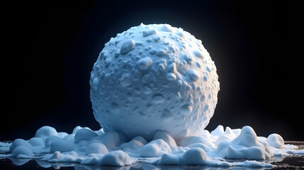 A textured, round snowball surrounded by fluffy snow, illuminated against a dark background, creating a serene winter ambiance.