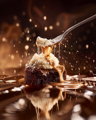 Molten Chocolate Lava Cake Macro with Vanilla Ice Cream &ndash; Fork Cut Action and Glossy Studio Light, Magnolia Bakery Style Dessert Photography