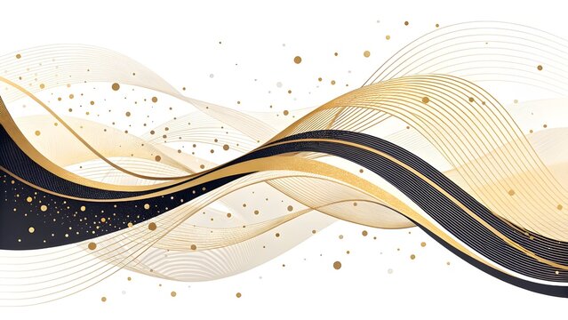 a dynamic abstract wave design in black and gold against a white background. The flowing lines create a sense of movement and elegance. - Powered by Adobe