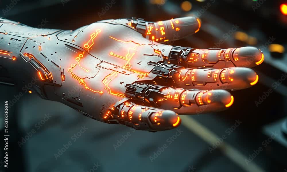 Aufkleber futuristic robotic hand with glowing circuitry, displayed in a high-tech laboratory setting