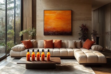Modern sectional sofa in sunlit living room, bottles on coffee table, autumnal view