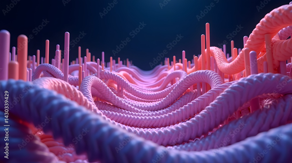 Poster abstract pink and purple ropes intertwining in a surreal landscape, creating a mesmerizing visual ex