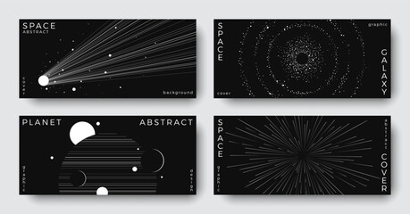 Set of abstract space astronomy horizontal backgrounds. Line art galaxy, meteorites, planet, black hole. Science future concept. Cosmic minimalist design for cover, poster, banner, flyer, brochure © Anastasiya Stoma