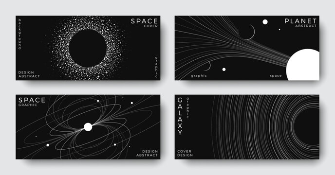 Set of abstract space astronomy horizontal backgrounds. Line art galaxy, planet, black hole. Black and white science minimal concept. Cosmic modern design for cover, poster, banner, flyer, brochure
