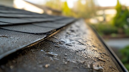 Close-Up of Wet Roof Shingles and Gutter