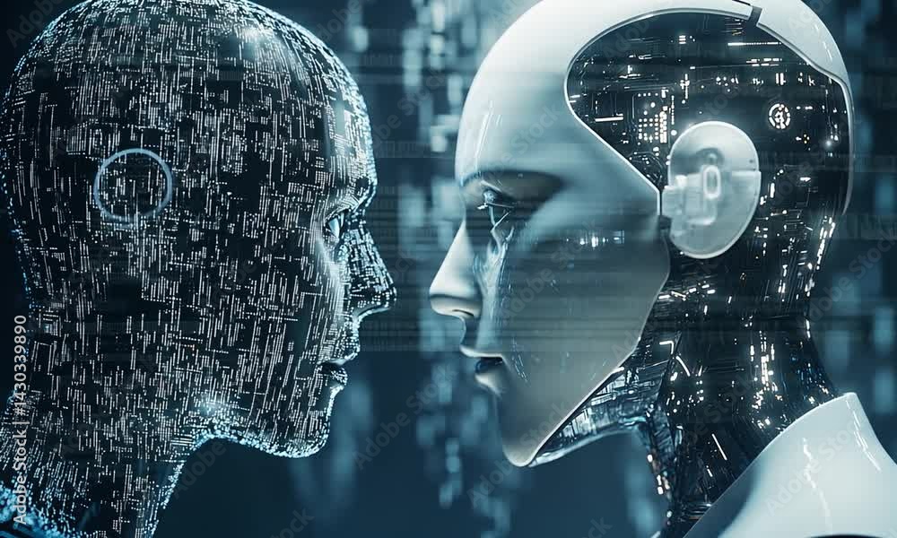 Poster futuristic robots engage in a face-off amidst a digital landscape of binary code