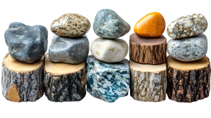 Set of small stones and wooden stumps, clear and detailed, isolated on white background