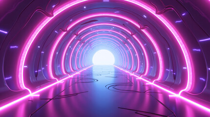 Obraz premium Futuristic tunnel illuminated with pink and purple neon lights, leading to a bright exit.