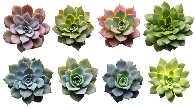Set of succulent plants in various positions isolated on white background