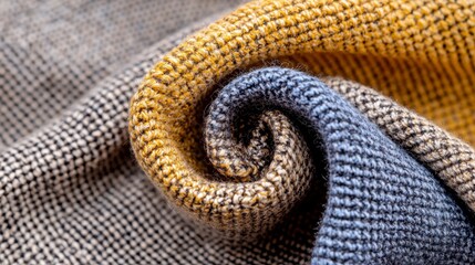 Fototapeta premium Detailed Close up of Interwoven Mustard Yellow and Gray Fabric with Twisted Swirl