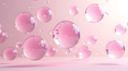 A collection of translucent pink bubbles floating gracefully against a soft pastel background.