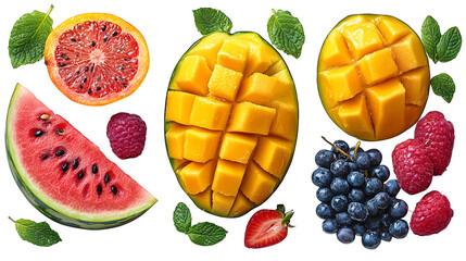 Set of tropical fruits like mango, watermelon, and banana, colorful summer snack display, isolated on white background