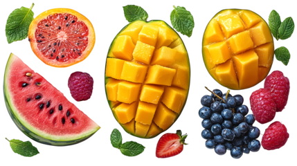Set of tropical fruits like mango, watermelon, and banana, colorful summer snack display, isolated on white background