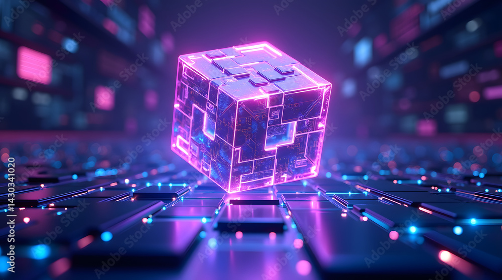 Poster a futuristic, glowing cube with intricate patterns floats above a digital surface, displaying vibran