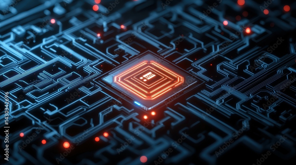 Poster abstract close-up of a digital circuit board with glowing microchip and vibrant blue tones.