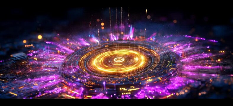 : A glowing digital wheel spinning endlessly at the center of a futuristic neon-lit circuit board, golden binary numbers rhythmically pulsing upwards in a hypnotic pattern, smooth loop, seamless motio