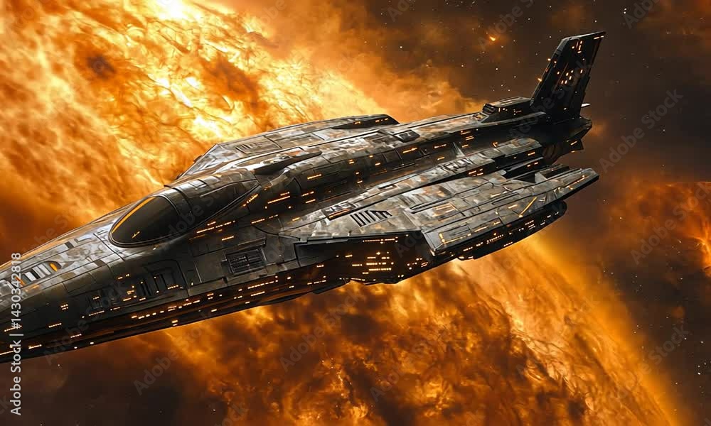Aufkleber futuristic spaceship navigating through a fiery cosmic backdrop, showcasing advanced technology