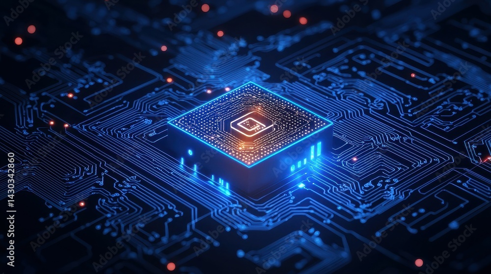 Poster close-up of a futuristic computer chip glowing against a dark circuit board backdrop.