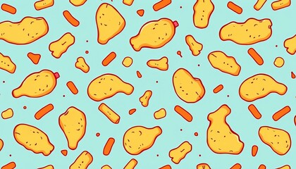 Adorable doodle fried chicken pieces in a seamless vector pattern, perfect for backgrounds, repeating, surface