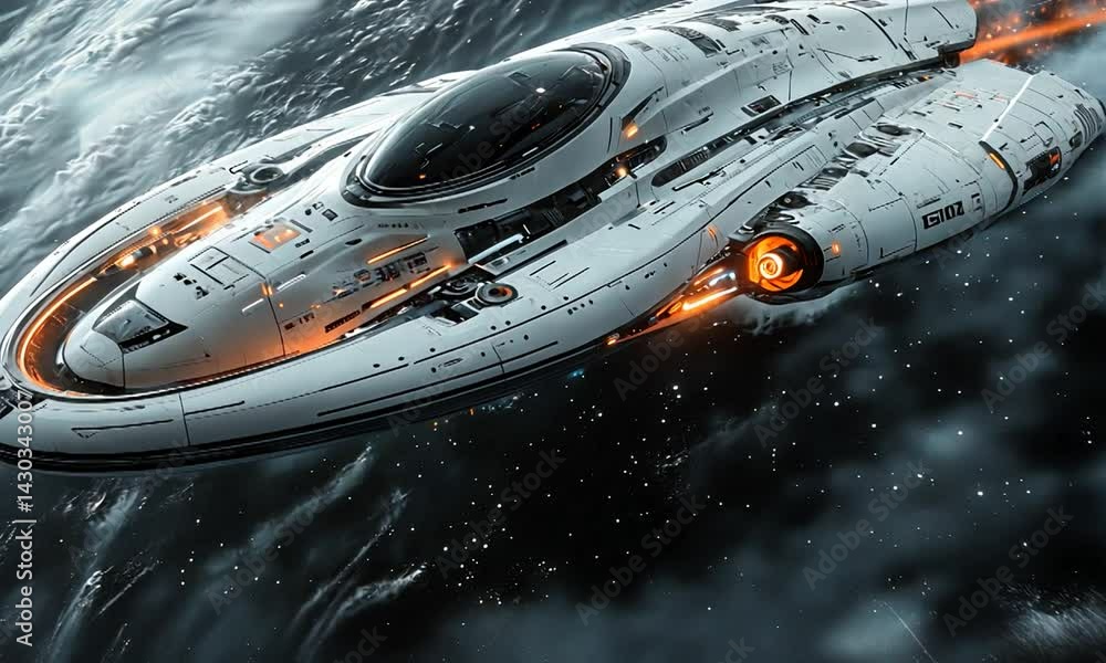 Poster futuristic spaceship navigating through a starry cosmos, showcasing advanced technology and design