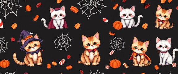 Adorable Halloween cats in costumes, candy, spiderwebs on dark background seamless pattern, celebration, design