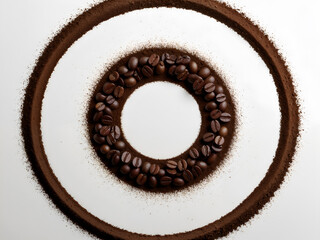 Circular coffee bean ring with powder, isolated on white, perfect for food concepts. Generative AI