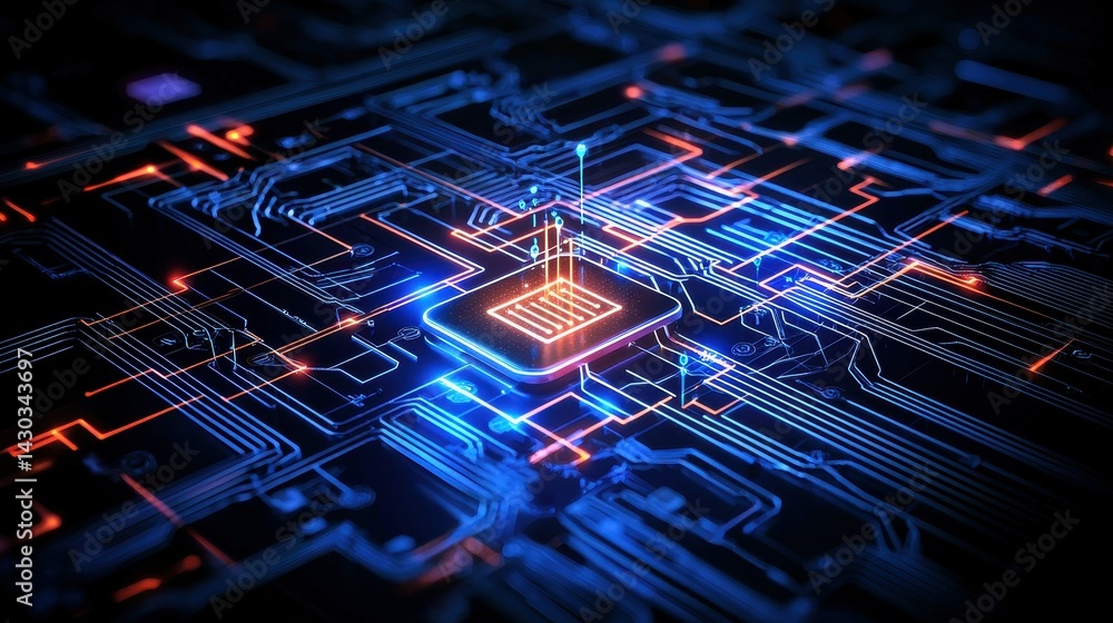 Poster futuristic microchip surrounded by glowing circuit lines in a high-tech environment.