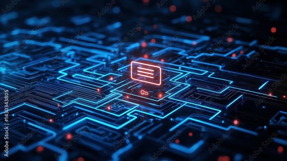 Poster futuristic circuit board design with glowing blue and red lines creating a tech-inspired atmosphere.