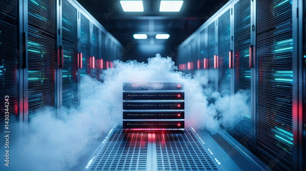 Poster a high-tech data center with glowing servers and mist, creating a futuristic atmosphere.