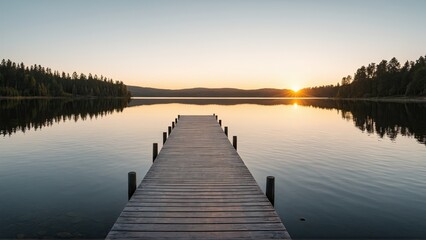 Fototapeta premium ong Wooden Pier Leading Out to Tranquil Water at Sunset