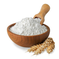 flour in wooden bowl and scoop inserted on top with ears of wheat near isolated on white background