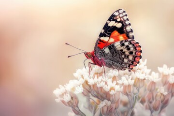 Obraz premium A vibrant Painted Lady butterfly rests gracefully on delicate white flowers, a picturesque scene of nature's beauty.