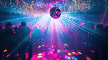 Energetic crowd dancing under vibrant disco ball lights.