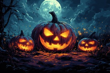 Naklejka premium Jack-o'-lanterns Halloween night field moon