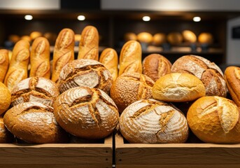 A variety of freshly baked breads displayed on shelves in a bakery with baguettes and round loaves