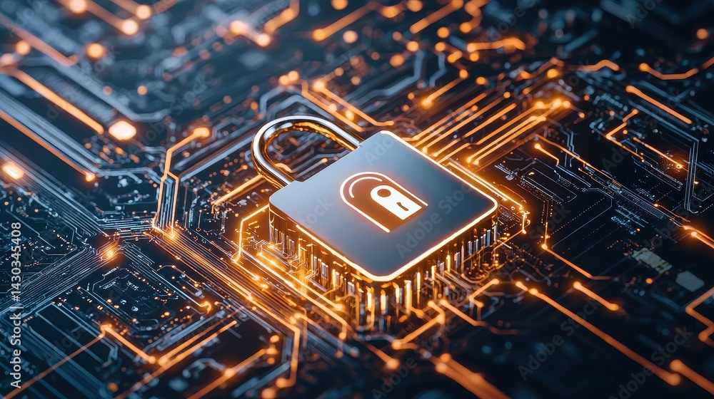 Aufkleber digital lock symbol on circuit board, representing cybersecurity and data protection.