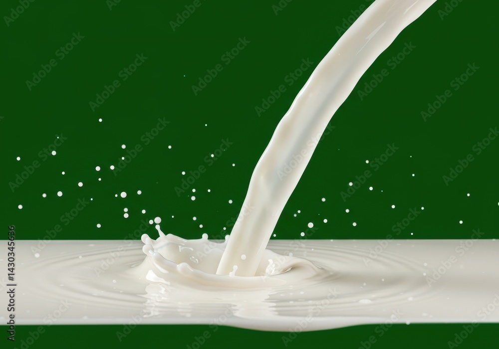 Poster milk pouring creating splash against green background with floating white droplets around it