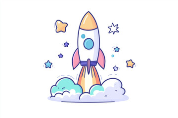 A spaceship is soaring into space with a white background full of stars.