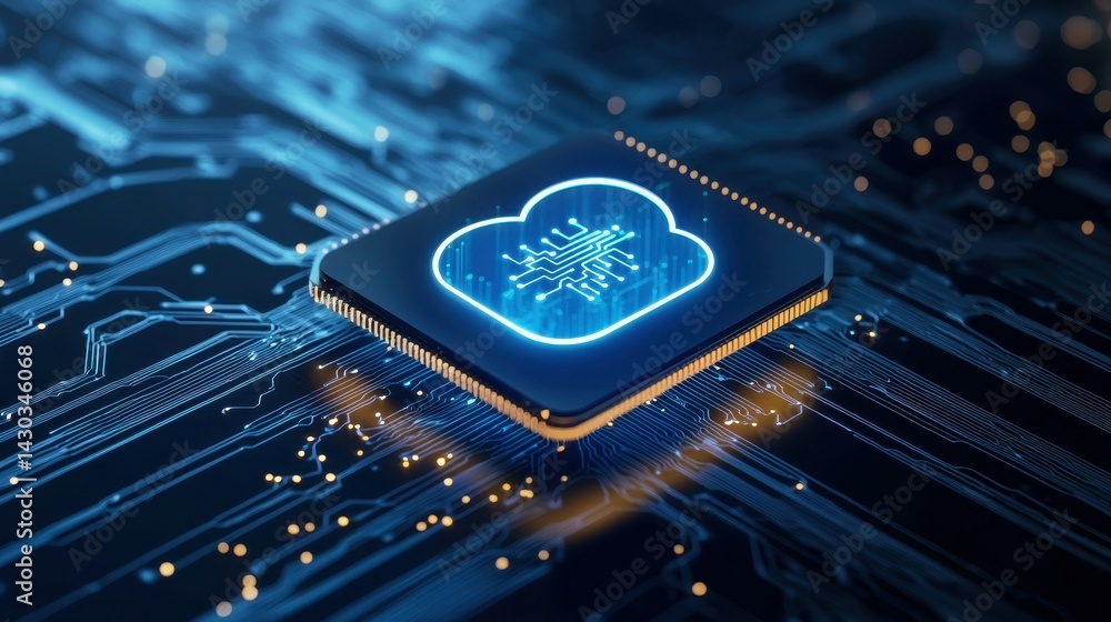Poster illuminated cloud chip symbolizing cloud computing technology and data storage.
