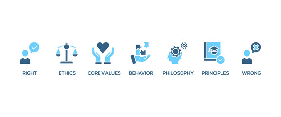 Morality banner web icon set vector symbol illustration concept with icon of Right, ethics, wrong, behavior, philosophy, society, principles, core values. Business banner web vector infographic