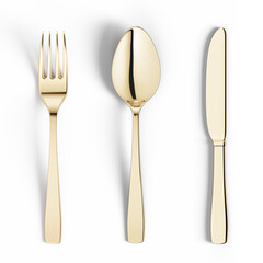 Set Golden cutlery of fork, spoon isolated on white. Hight realistic 3d illustration	
