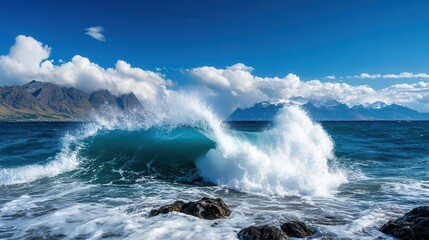 Naklejka premium Large wave crashing on rocks with mountains and blue sky in background