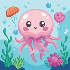 Jellyfish Cartoon Little Character. Cute Animal Mascot 