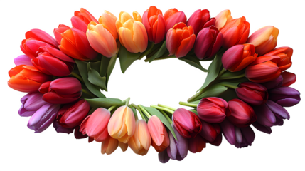Top-down view of colorful tulips forming a half wreath, partial circle arrangement, isolated on white background